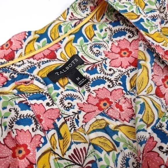 TALBOTS Cream Pink Tan Floral Print Casual Button Down Top Sz M - Picture 2 of 13